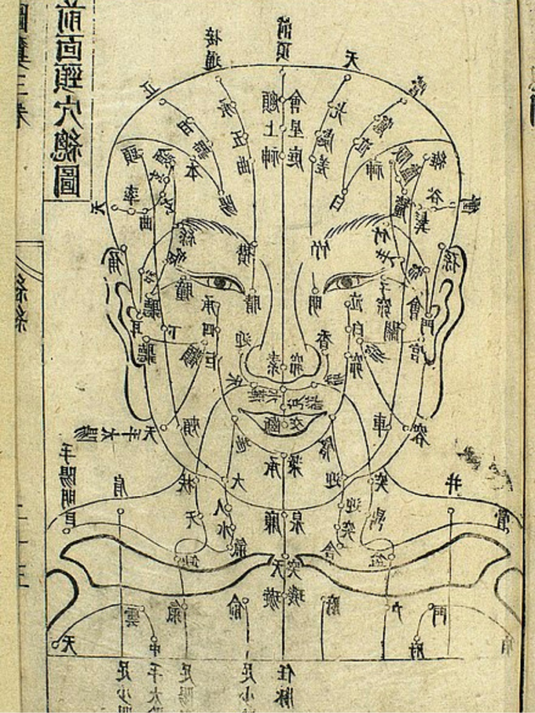 Ilustración de acupuntura facial del siglo XVII utilizada en la medicina tradicional china